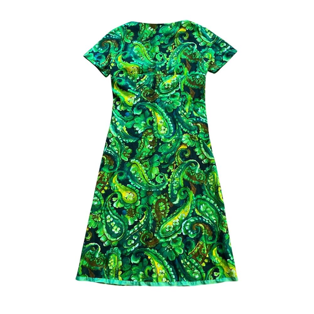 VTG 50s 60s Handmade Green Paisley Barkcloth Empire Waist Dress Women's S/M